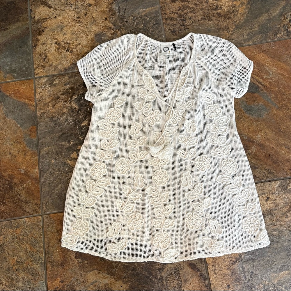 Anthropologie Off White Floral Mesh Top